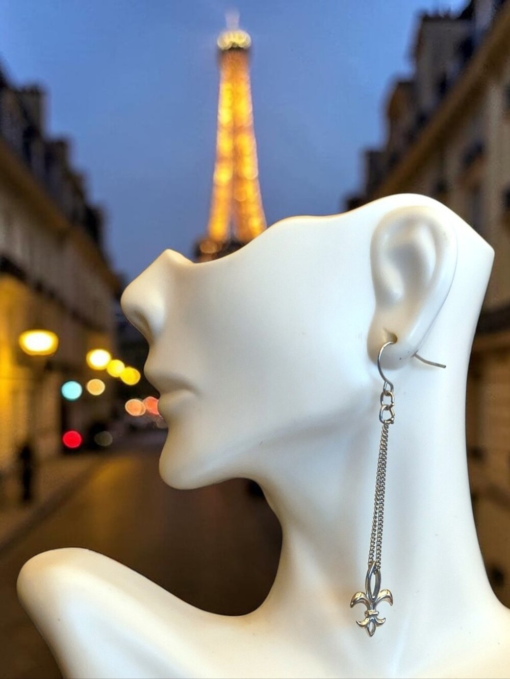 Silvertone Fleur-de-Lis Drop Earrings - Elegant Long Chain Design